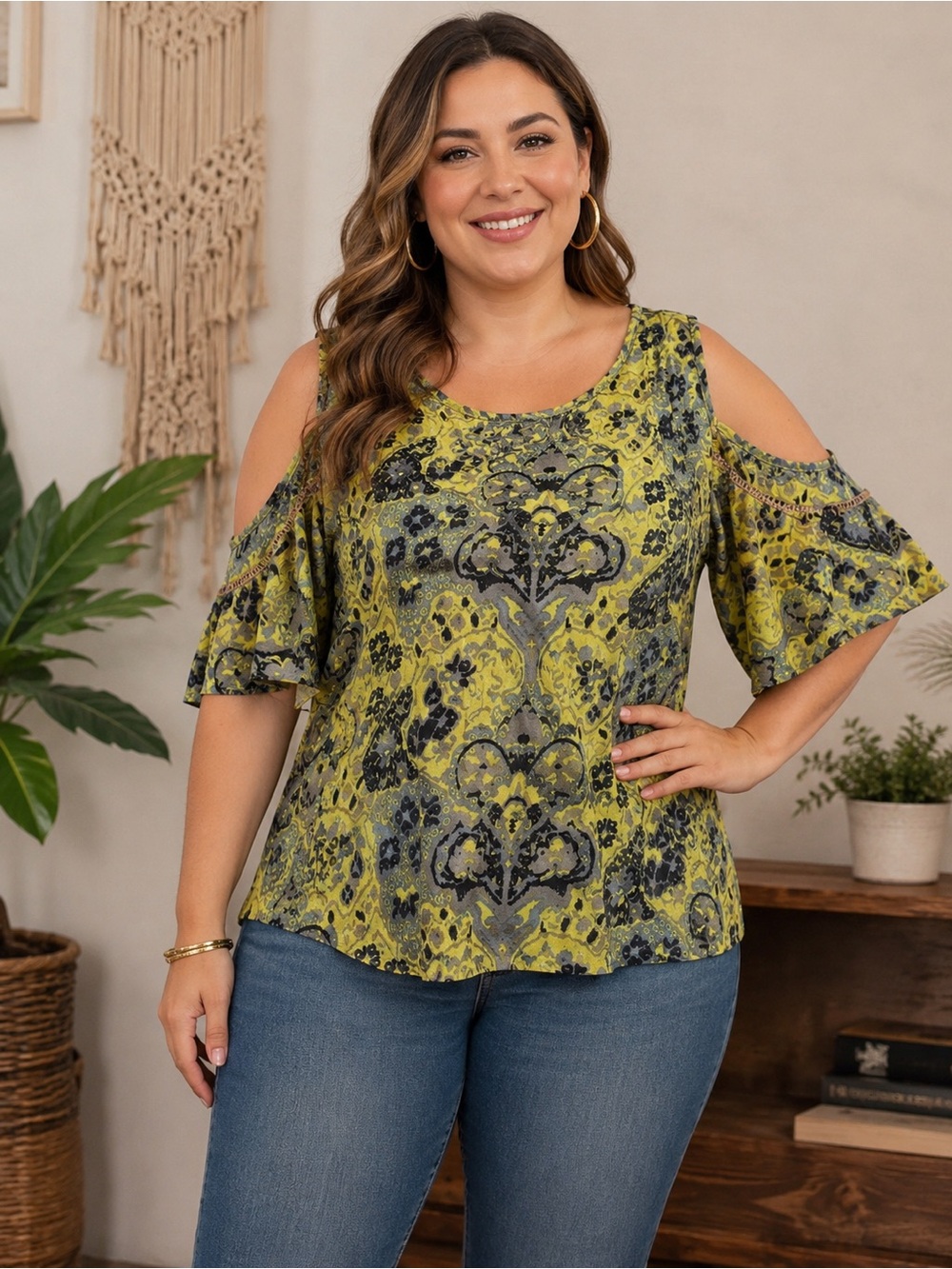 Jeans By Buffalo XL Mustard Yellow Cold Shoulder Tunic Blouse Women
